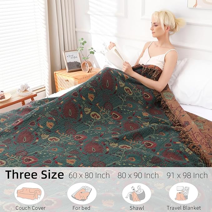 Boho Throw Blanket for Bed - 100% Pure Cotton Ultra Soft Rustic Quilt - Farmhouse Decor Bed Blankets, All Season Rustic Throw for Sofa Couch Chair(91''x 98'', Floral)