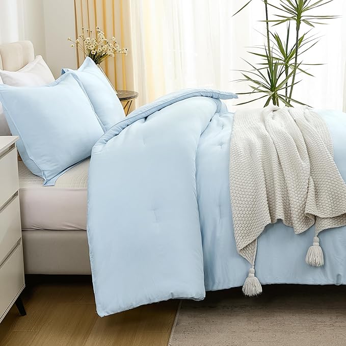 Litanika Comforters Light Blue Queen Size, 3 Pieces Lightweight Solid Bedding Comforter Set, All Season Fluffy Bed Set (90x90In Comforter & 2 Pillowcases)