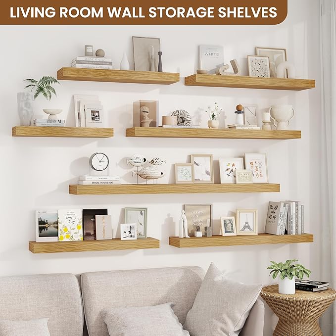 fuqing Floating Shelves for Wall, Bathroom Shelf Wall Mounted for Storage, Shelves with Invisible Bracket for Bedroom, Kitchen, Living Room, Farmhouse Small Book Shelf, 24 Inch Set of 2, Oak