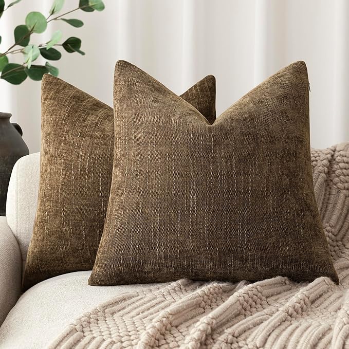 Foindtower Pack of 2 Soft Textured Chenille Throw Decorative Pillow Covers Square Accent Solid Cushion Cover Neutral Farmhouse Pillow Case for Couch Sofa Bedroom Living Room 24x24 Inch,Taupe Brown