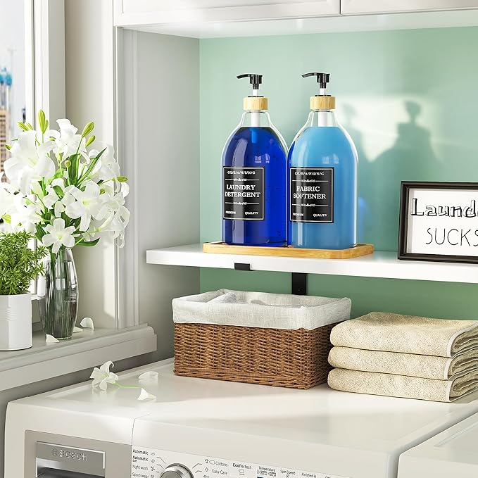 Moforoco Liquid Laundry Detergent Dispenser with Bamboo Tray, 2 Pack 64 Oz Plastic Laundry Soap Dispenser, Fabric Softener Dispenser with Pump and Labels for Laundry Room Decor and Organization