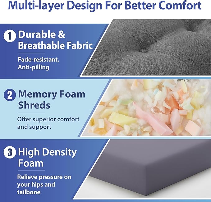 Chair Cushions for Dining Chairs, Dining Chair Cushions, Tufted Indoor Chair Pads with Ties & Non Slip Backing, Seat Cushions for Kitchen Chairs 16.5” x 16.5” x 3.5”, Set of 6, Grey