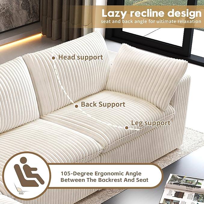78.74" LoveSeat Cloud Sofa,Modular Sectional Couch,Modern Deep Seat Upholstered Couches with Plush Corduroy Fabric for Living Room Furniture,Bedroom and Apartment,No Assembly Required,White