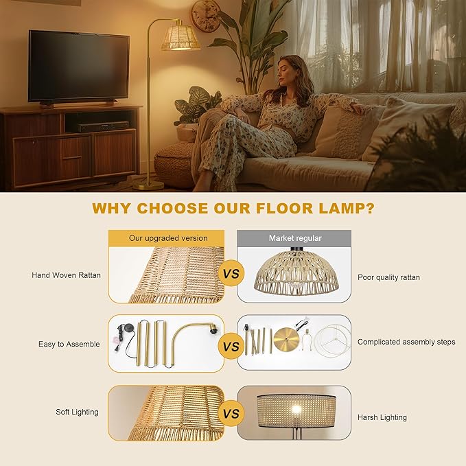 Oneach Arc Floor Lamp for Living Room,Rattan Boho Floor Lamp with Hand-Woven Wicker & Fabric Shade, Foot Switch,Gold Metal Base & Pole,Farmhouse Standing Lamp for Bedroom Corner,Office,Reading