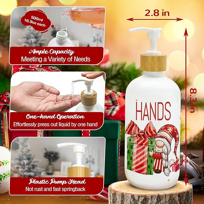 Hexagram Christmas Soap Dispenser Set of 2, Christmas Kitchen Decor, Xmas Gnomes Glass Soap Dispenser for Home Indoor Decorations, Xmas Refillable Lotion Essential Oil Dispensers with Pump