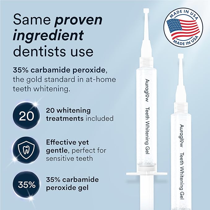 Auraglow Teeth Whitening Kit, LED Accelerator Light, 35% Carbamide Peroxide Teeth Whitening Gel, 20+ Whitening Treatments, Whitens up to 10 Shades in 7 Days