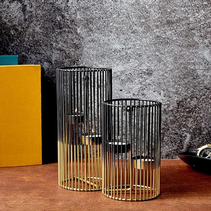 Juvale Set of 2 Black and Gold Geometric Candle Holders for Modern Table Decor (2 Sizes) - Black and Gold Candle Holder Set for Table Centerpieces