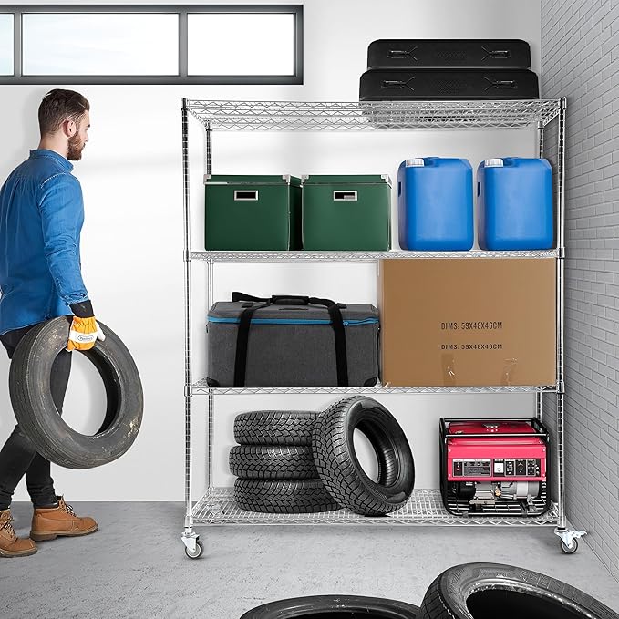 Rengue Wire Shelving with Wheels, 60"x 24"x72" Metal Storage Shelves, 4-Tier Heavy Duty Garage Storage Shelves, Chrome 2400LBS Capacity Wire Shelf Rack for Restaurant, Garage, Pantry, Kitchen