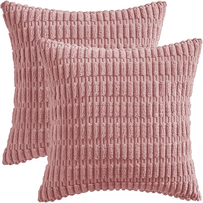 MIULEE Pack of 2 Corduroy Decorative Euro Sham Throw Pillow Covers 24x24 Inch Soft Boho Striped Pillow Covers Modern Farmhouse Home Decor for Sofa Living Room Couch Bed Blush Pink