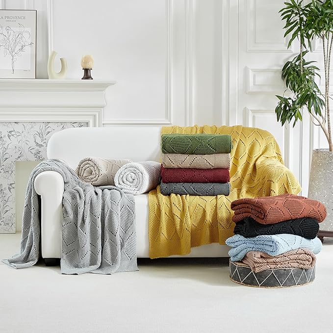 Longhui bedding Chunky Cotton Knit Throw Blanket for Couch, Sofa, Bed, or Chair, Decorative Breathable Fall Cable Knit Blanket 60 x 80 Inches, Large Mustard Yellow