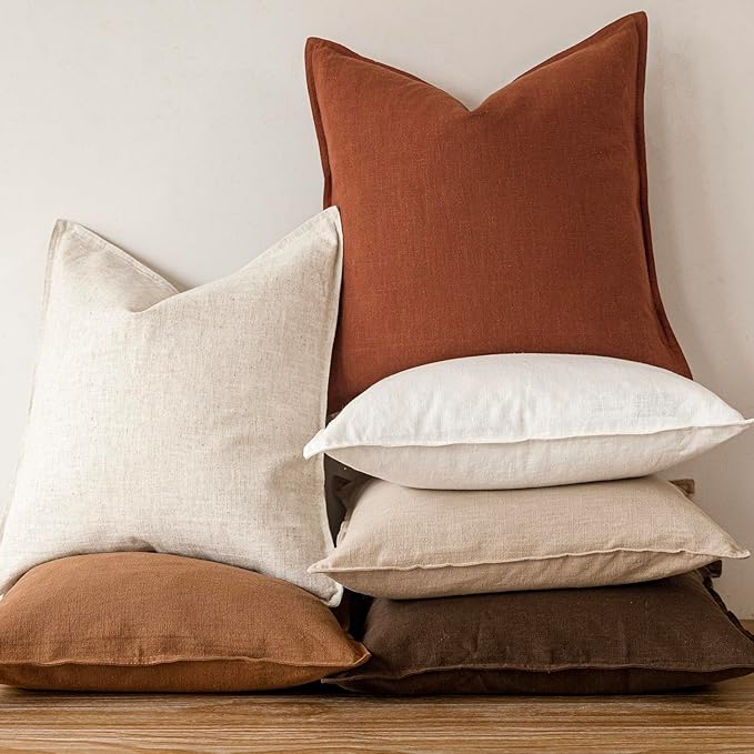 Foindtower Pack of 2, Decorative Linen Soild Throw Pillow Covers Soft Accent Cushion Case Farmhouse Neutral Pillowcase for Chair Couch Sofa Bedroom Living Room Home Decor 24 x 24 Inch Fall Rust Orange