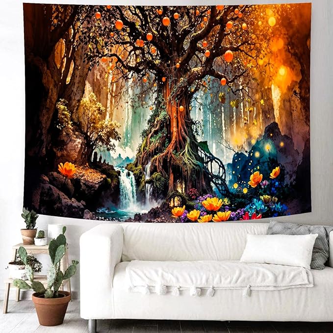 Delur Magical Forest Tapestry Fantasy Tree of Life Fairy Tale Enchanted Mystical Forest Tapestry Psychedelic Nature Landscape Wall Hanging Headboard for Bedroom Living Room Home Decor (51.2" x 59.1")
