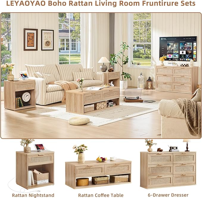 LEYAOYAO Boho Rattan Coffee Table Sets 3 Pieces, Nightstand with Charging Station and Coffee Table with Hidden Storage Compartment, Natural Living Room Table Set, Wood Furniture Sets for Home Office