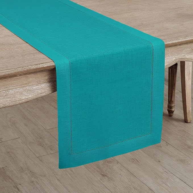 Solino Home Linen Hemstitch Table Runner 36 Inches - 100% Pure Linen Teal Table Runner 14 x 36 Inch Ideal for Dresser and Coffee Tables - Fall, Autumn, Thanksgiving - Classic Hemstitch