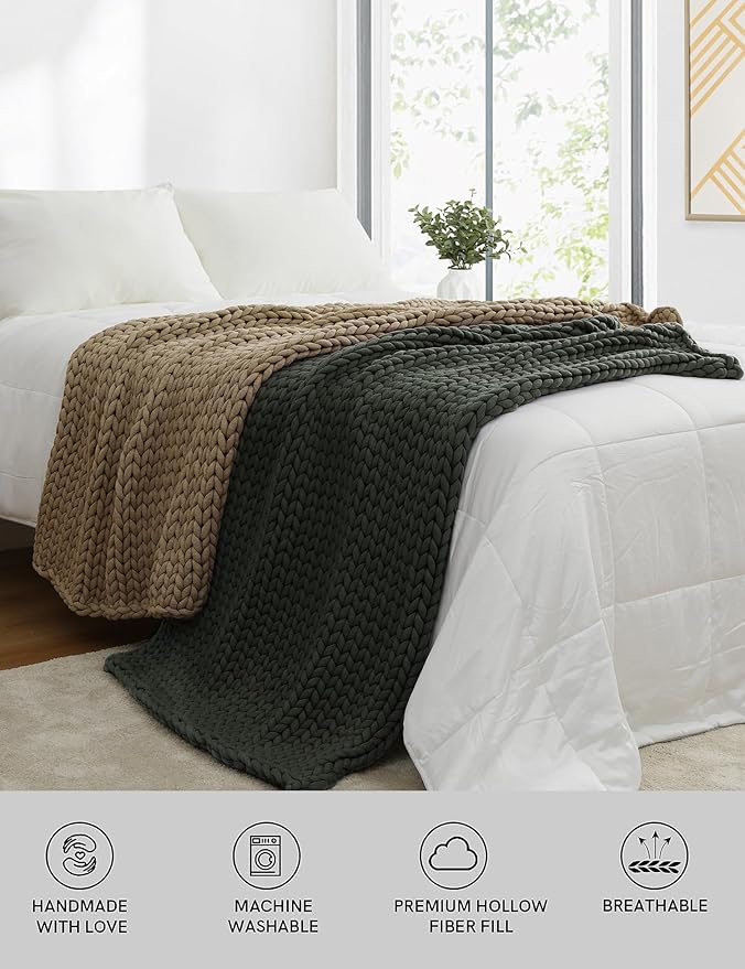 YnM Chunky Throw Blanket, Medium-Weight, Hand Knitted, Skin Friendly, Ventilated and Breathable, Machine Washable, Home Décor Piece for Couch, Sofa and Bed (Olive, 60x80 Inch)