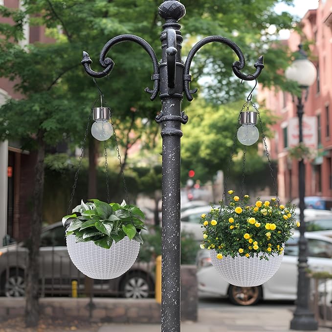 Hanging Pots for Plants Outdoor - 2 Pack White Artificial Rattan Solar Flower Baskets with Drainage Holes & Removable Tray, Garden Gifts for Women/Mothers, Porch, Balcony Decor