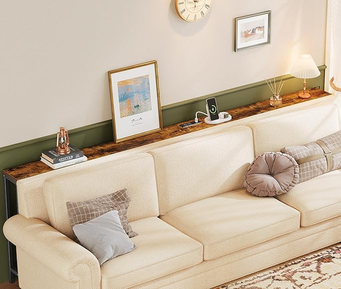 SUPERJARE 78.7 Inch Console Table with Outlet, Sofa Table with Charging Station, Narrow Hallway Entryway Table, Behind Couch Table, for Living Room, Rustic Brown