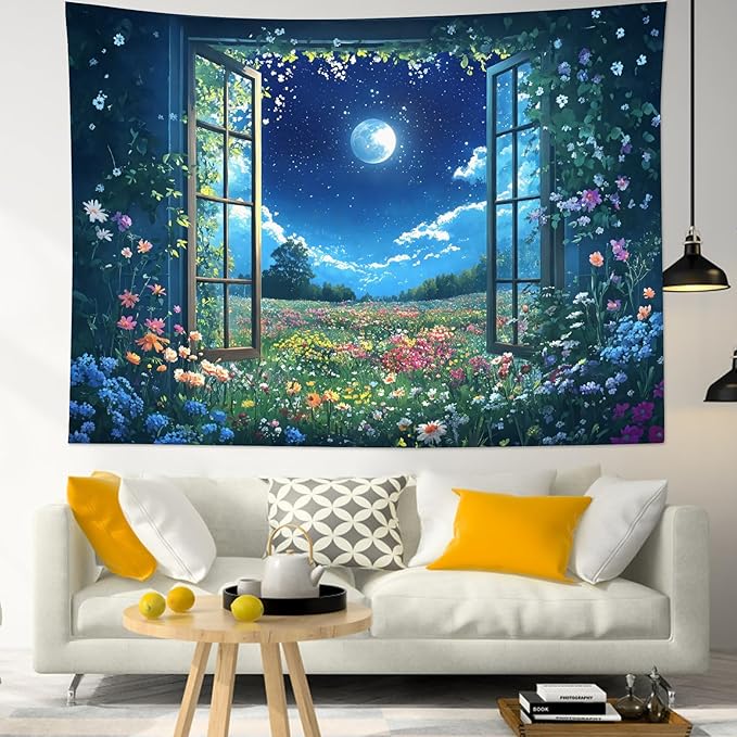 LB Wildflower Moon Tapestry, Green Plant Outside Window and Colorful Floral Wall Tapestry for Bedroom, Garden Wall Art for Living Room Dorm Home Decor Ready to Hanging, 92.5 x 70.9 Inches