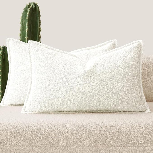 MIULEE Pack of 2 Decorative Textured Boucle Throw Pillow Covers 12x20 Inch Christmas White Broadside Thick Boho Lumbar Pillows for Farmhouse Accents Sofa Couch Bedroom Living Room Home Decor