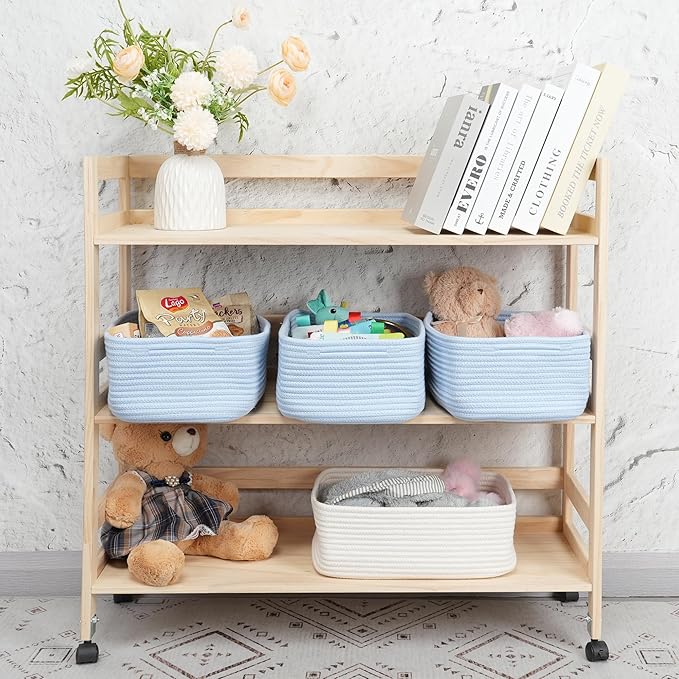 Small Woven Storage Baskets 13“X9”X5“ Decorative Rope Bins for Organizing Shelves, Closets, and Toys, Empty Gift Baskets, Cute Organizer Basket for Home and Office (blue, Large)