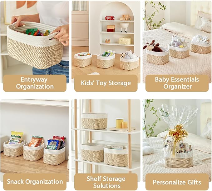 Small Cotton Rope Storage Basket Set of 3-11"x7"x7" Perfect Woven Baskets for Storage, Ideal Storage Baskets for Organizing Toys, Towels, and More - Baskets for Shelves（White & Mixed Camel）