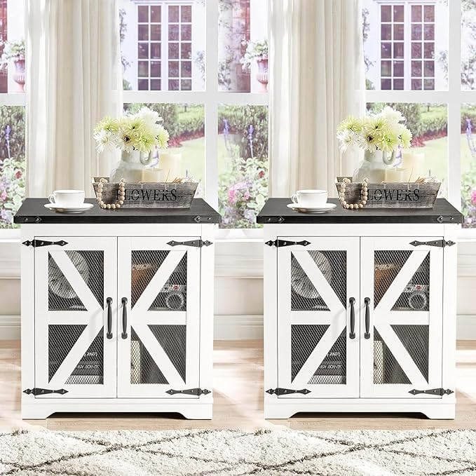 Farmhouse End Table Set of 2, 24" Large Sofa Side Table with Charging Station, Mesh Barn Door, White Nightstand with Adjustable Storage Shelf, Square Nightstand for Living Room, Bedroom