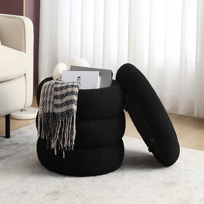 ONEVOG 16 Inch Small Ottoman Foot Rest, Sherpa Storage Ottoman for Toys, Black Vanity Stool Soft Tufted Fabric Pouf, Footstool Seat for Living Room, Dorm, Bedroom