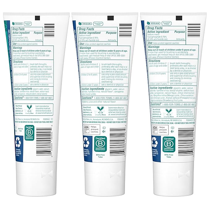 Tom's of Maine Anticavity Kids Natural Toothpaste Variety Pack, Strawberry, Orange Mango, Watermelon Flavors, Kids Toothpaste with Fluoride, Safe for Ages 2 and Up, 5.1 oz (Pack of 3)