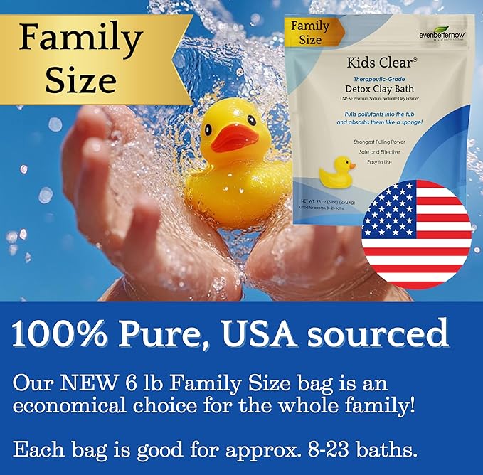 Kids Clear Detox Clay Bath, 100% Pure Sodium Bentonite - Cleansing and Purifying, by -Evenbetternow LLC – 6 lb (96 oz) Family Value Size