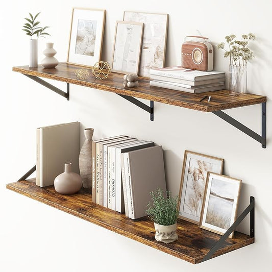 Floating Shelves 48 Inch Long, 10" Deep Floating Shelves, Wall Shelves 48 x 10, Set of 2, Wide Large Display Storage Shelves for Bathroom, Living Room, Rustic Wood Shelves with Brackets, Rustic Brown