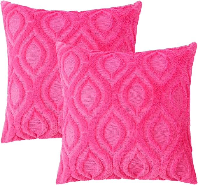 decorUhome Fall Throw Pillow Covers 20x20 Inch Set of 2, Soft Plush Decorative Faux Fur Hot Pink Solid Couch Pillow Covers, Accent Farmhouse Neutral Square Euro Pillow Cases for Sofa Bed Living Room