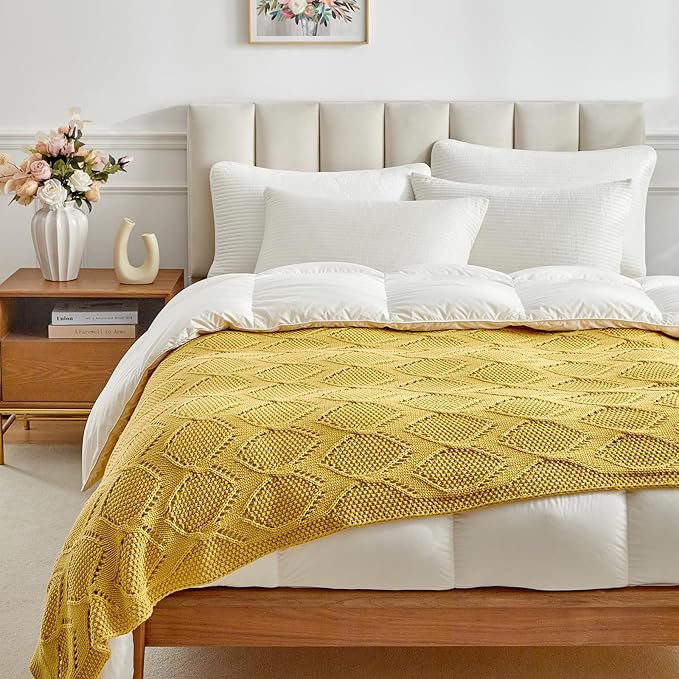 Longhui bedding Chunky Cotton Knit Throw Blanket for Couch, Sofa, Bed, or Chair, Decorative Breathable Fall Cable Knit Blanket 60 x 80 Inches, Large Mustard Yellow