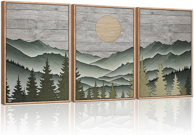 HLNIUC Mountain Framed Canvas Wall Art,Large Green Forest Woodcut Wall Decor Set of 3(16”x24”)Abstract Sun Forest Pine Trees Wall Painting,Rustic Sun Nature Landscape Art Print for Living Room,Bedroom