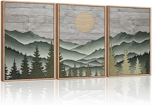 HLNIUC Mountain Framed Canvas Wall Art,Large Green Forest Woodcut Wall Decor Set of 3(16”x24”)Abstract Sun Forest Pine Trees Wall Painting,Rustic Sun Nature Landscape Art Print for Living Room,Bedroom