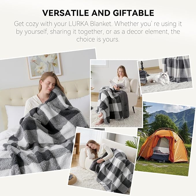 LURKA Checkered Sherpa Fleece Throw Blanket - Extra Thick and Warm Winter Soft Fuzzy Plush Blanket for Couches, Beds & Pets, Smoke Grey, 50x60 Inches