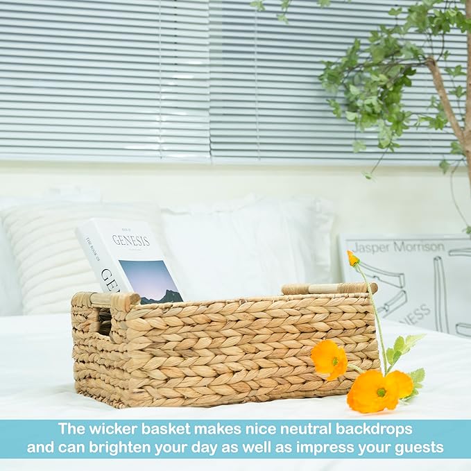 VATIMA Hyacinth Large Wicker Basket 15.5x10.8x6.2" - Rectangular, Wooden Handles, Shelf Organizer