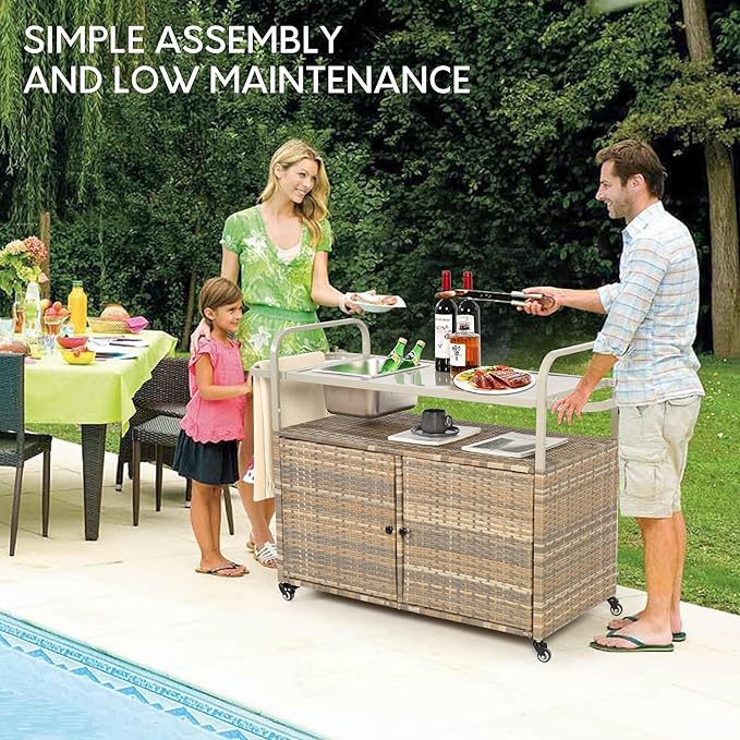 Wicker Outdoor Bar Cart with Ice Bucket, Patio Bar Table with 2 Ratten Doors Cabinet and Casters for Grill, Kitchen and Garden,Beige