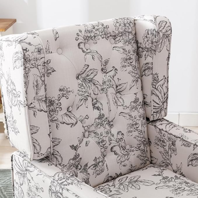 Mid-Century Accent Chair, Upholstered Arm Chair Linen Fabric Side Chair with High Back Solid Wooden Legs, Comfy Reading Chair for Living Room Bedroom, Floral Pattern