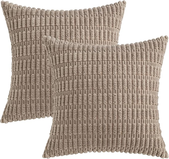 MIULEE Pack of 2 Corduroy Decorative Euro Sham Throw Pillow Covers 24x24 Inch Soft Boho Striped Pillow Covers Modern Farmhouse Home Decor for Sofa Living Room Couch Bed Light Brown