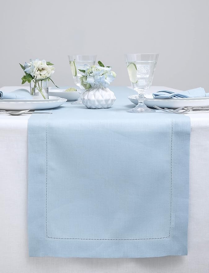 Solino Home Linen Hemstitch Table Runner 108 Inches Long - 100% Pure Linen Sky Blue Table Runner 14 x 108 Inch - Classic Hemstitch