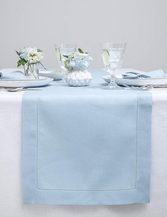 Solino Home Linen Sky Blue Table Runner 120 Inches Long - 100% Pure Linen Hemstitch 14 x 120 Inch Table Runner for Dining - Classic Hemstitch
