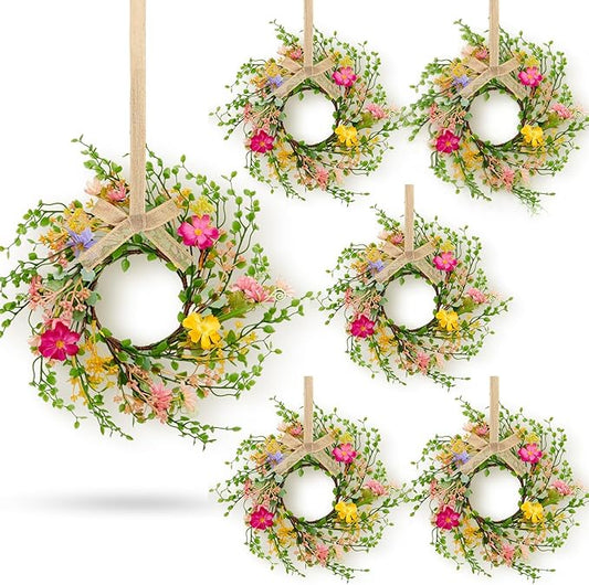 6 Pcs Spring Summer Hanging Flower Swags Wreaths Mini Artificial Wild Flower Wreath Artificial Candle Rings Wreaths for Pillar Front Door Porch Wall Window Farmhouse All Seasons Decoration