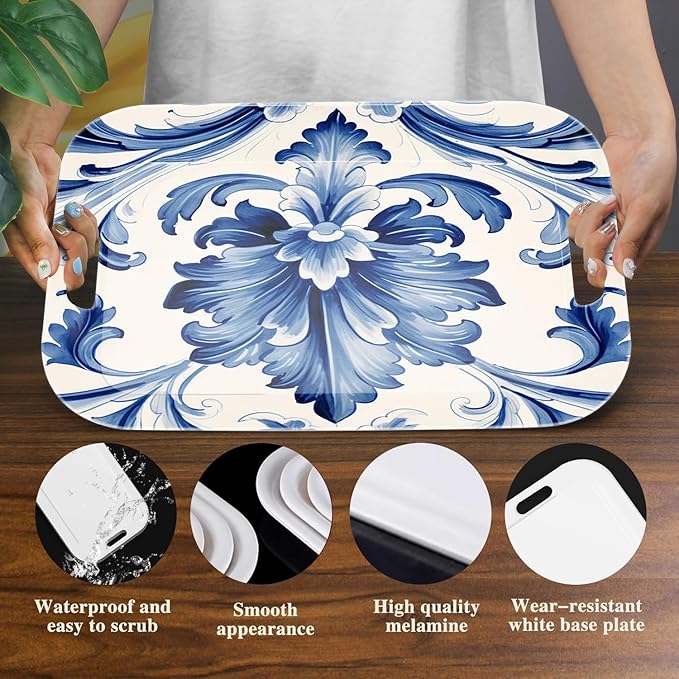Serving Trays with Handles, 14.5 x 9.8 inch Rectangular Plastic Tray for Restaurant, Kitchen, Blue and White Pattern