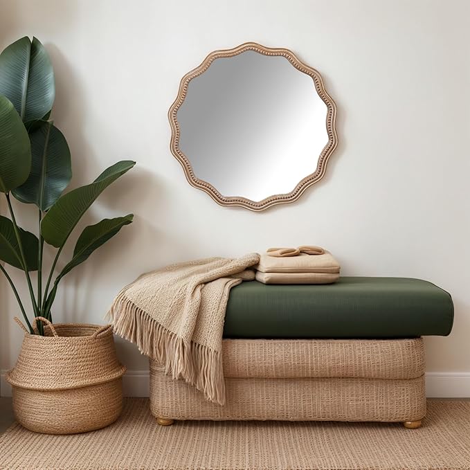 Round Mirror Vanity Mirrors for Bathroom with Wavy Wood & Beaded Frame - Wall Mirrors for Living Room,Entry Mirrors for Wall,Decorative Mirror