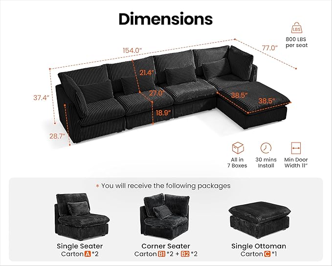 Oversized Modular Sofa, Extra Deep Cloud Corduroy Sectional Couch with Ottoman Chaise, Fluffy Corduroy 5 Seater Sofa Bed for Living Room, Villa (L Shape 5 Seater, Corduroy Black)
