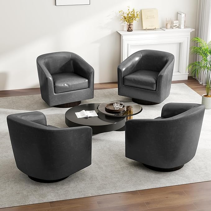 Swivel Barrel Accent Chair, Modern Round Faux Leather Arm Chair for Living Room, Bedroom, Comfy Club Reading Chairs for Adults(Faux Leather, Black Grey, Set of 4)
