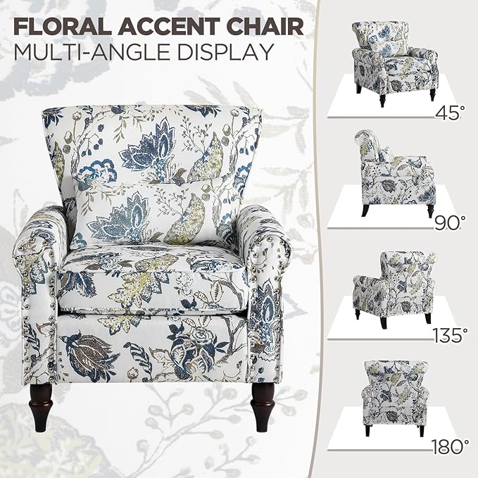 Wingback Accent Chair with Removable Pillow, High Back Floral Armchair with Solid Wood Legs & Nailhead Trim, Comfy Upholstered Reading Single Sofa Chair for Bedroom (1, Blue Floral Pattern)