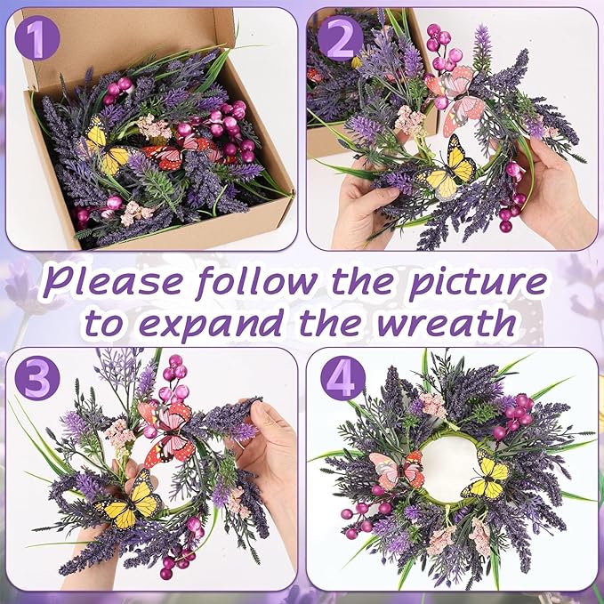 6 Pcs Lavender Wreaths for Front Door Mini Artificial Floral Kitchen Cabinet Swags Spring Summer Candle Rings Wreath with Lavender Berries Butterflies for Year-Round Use Farmhouse Home Decorations