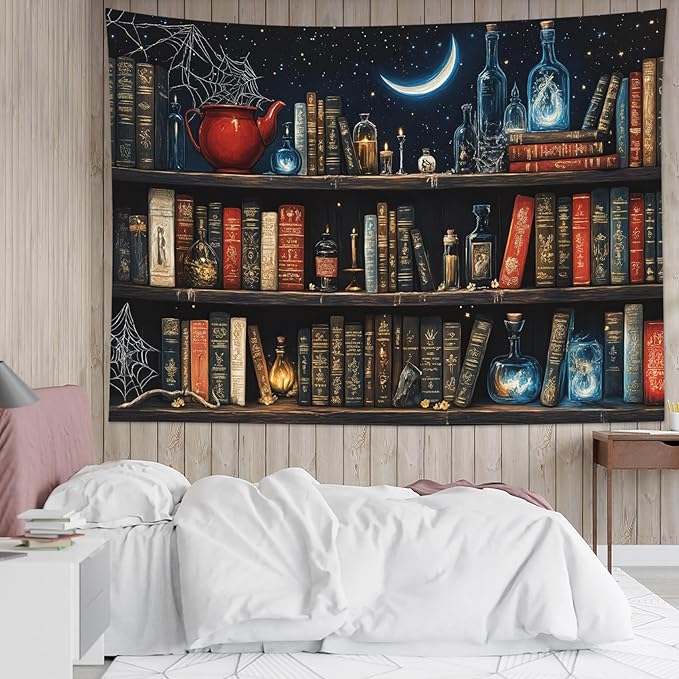LB Fantasy Bookshelf Tapestry, Horror Spider and Vintage Book with Moon Wall Tapestry for Bedroom Aesthetic, Trippy Galaxy Wall Art for Living Room Dorm Home Decor Ready to Hanging, 92.5 x 70.9 Inches