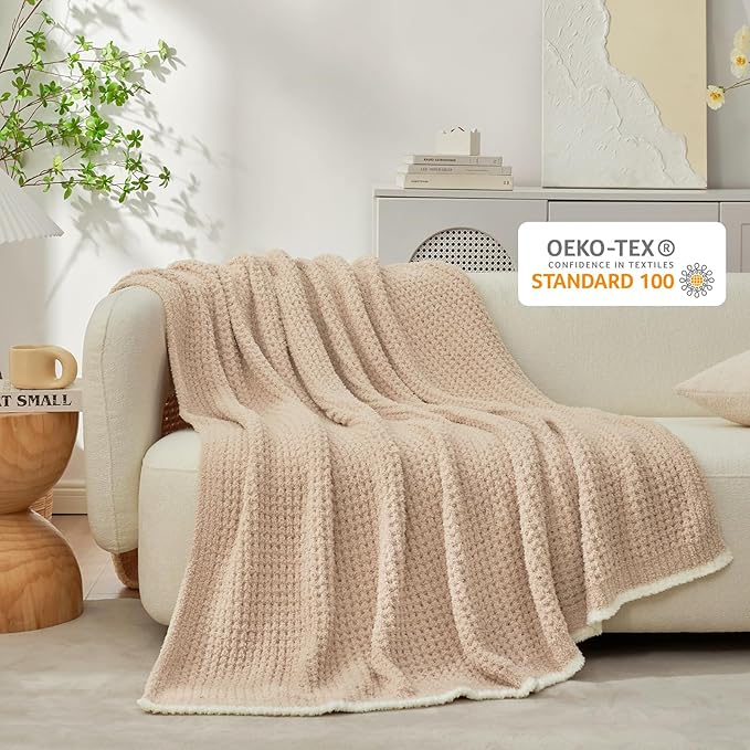 Snuggle Sac Beige Waffle Blanket for Couch Bed Sofa 60x80 inches, Reversible Soft Throw Microfiber Fluffy Fuzzy Cozy Knit Twin Blanket for Women Mothers Birthday Gifts